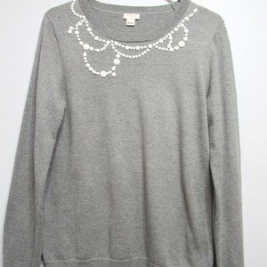 Womens J.Crew Sweater Top M Gray With White Beading Crew Neck and Long Sleeves